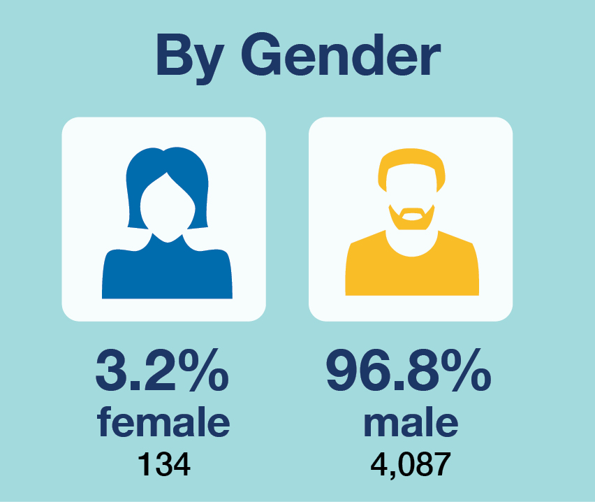 Chart showing apprenticeship by gender in 2020, 3.5% female, 96.5% male
